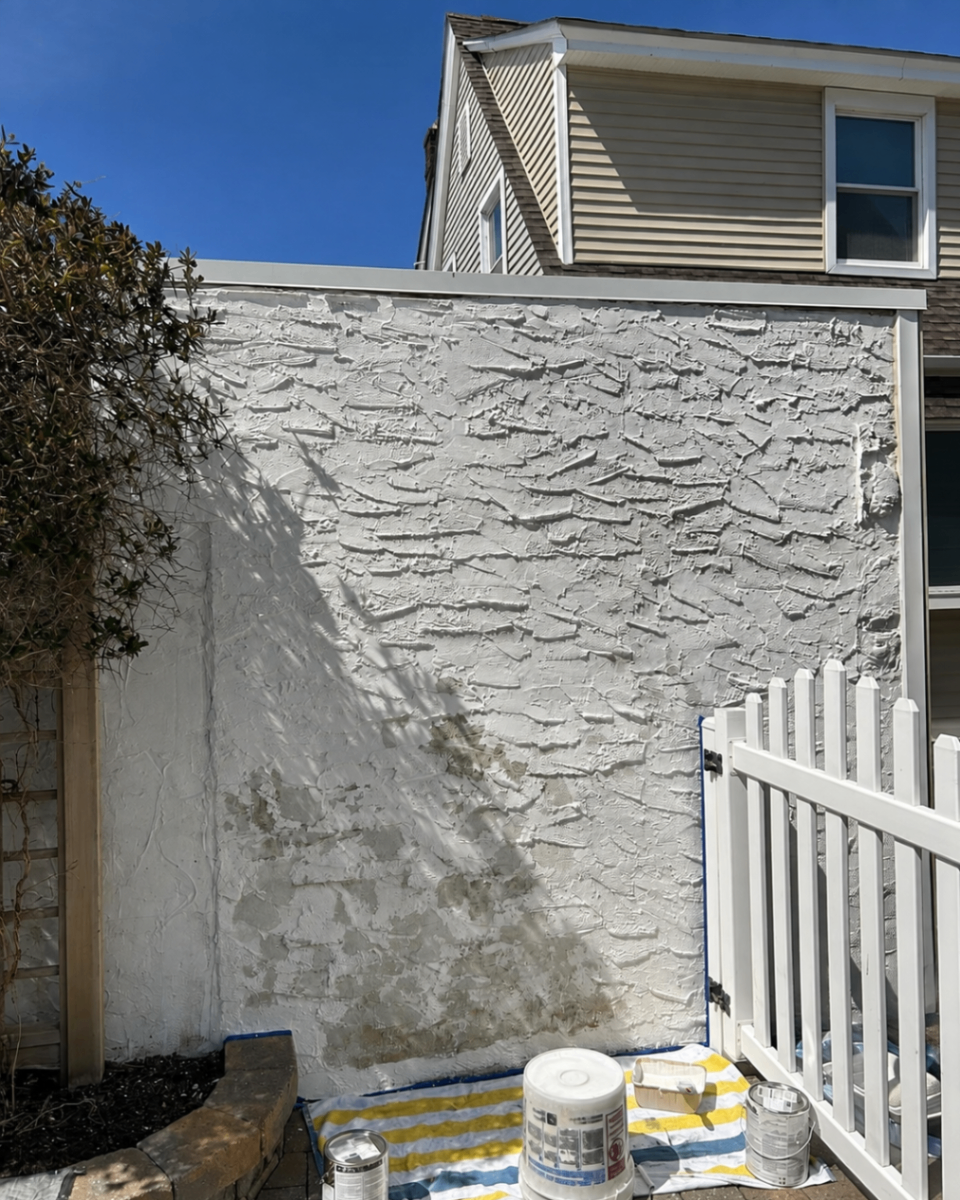 Patched and prepped stucco wall before final coat